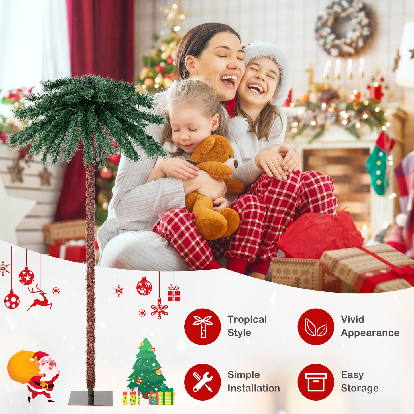 Topbuy 6FT Christmas Palm Tree Pre-lit Tropical Style Palm Tree w/210 4-Color LED Lights 64 Branch Tips & Metal Base