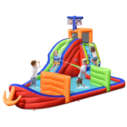 Topbuy Pirate-Themed Inflatable Kids Water Slide w/ Splash Pool & Climb Wall Indoor Outdoor Water Jumping Castle (without Blower)