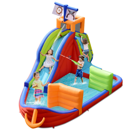 Topbuy Pirate-Themed Inflatable Kids Water Slide w/ Splash Pool & Climb Wall Indoor Outdoor Water Jumping Castle (without Blower)