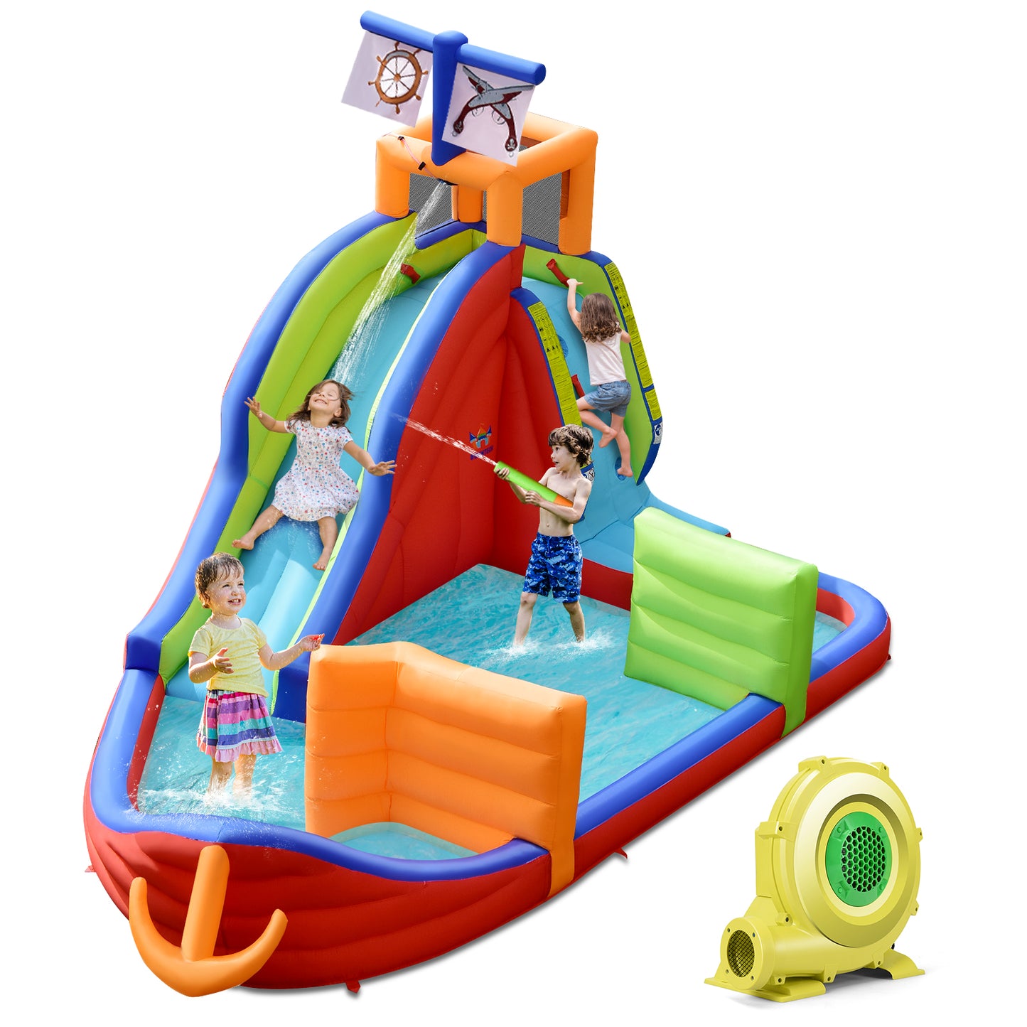 Topbuy Pirate-Themed Inflatable Kids Water Slide w/ Splash Pool & Climb Wall Indoor Outdoor Water Jumping Castle (with 735W Blower)