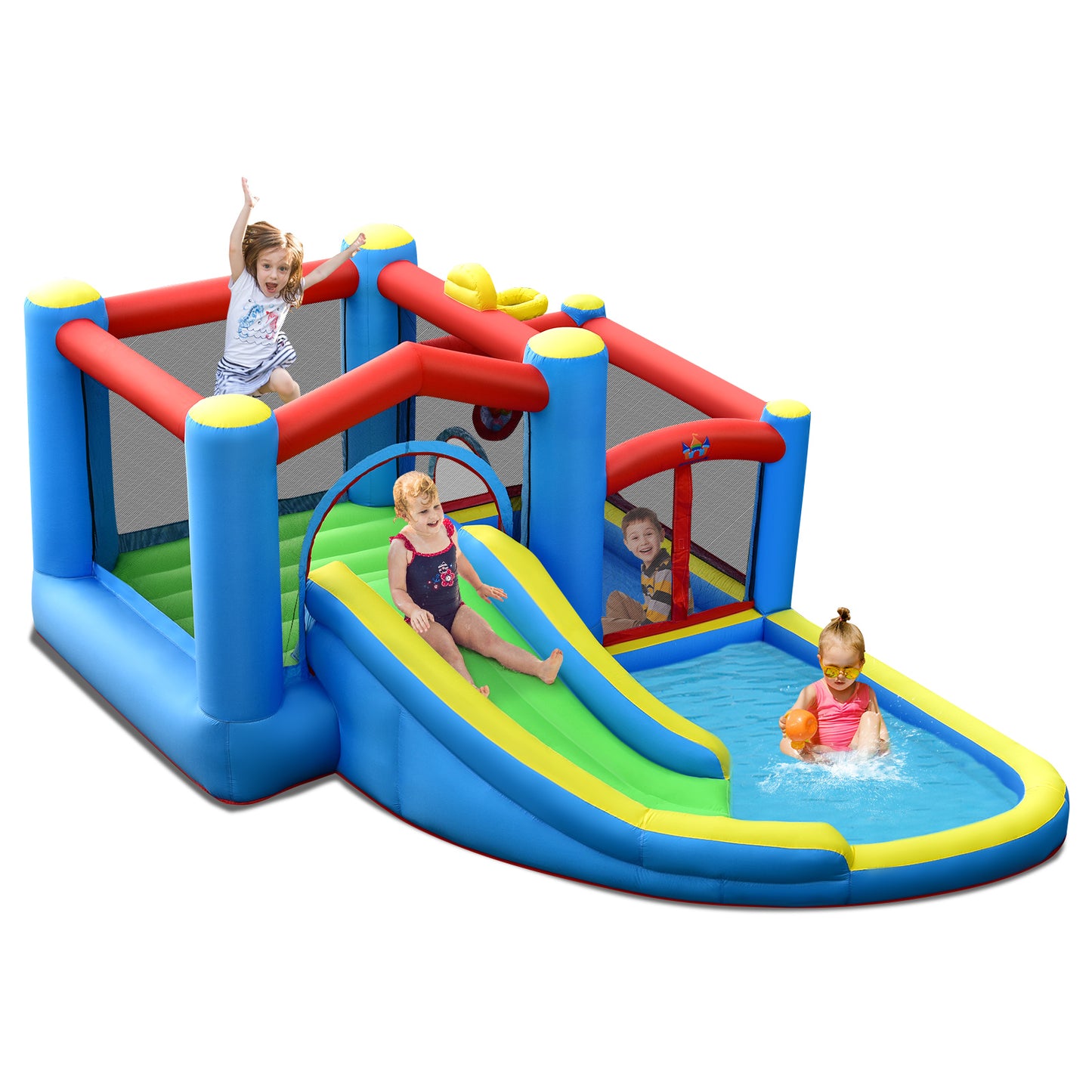 Topbuy Inflatable Bounce House 5-in-1 Kids Inflatable Bouncer w/ Slide Jumping Area Ball Pit Area Dart Game Basketball Rim (without Blower)