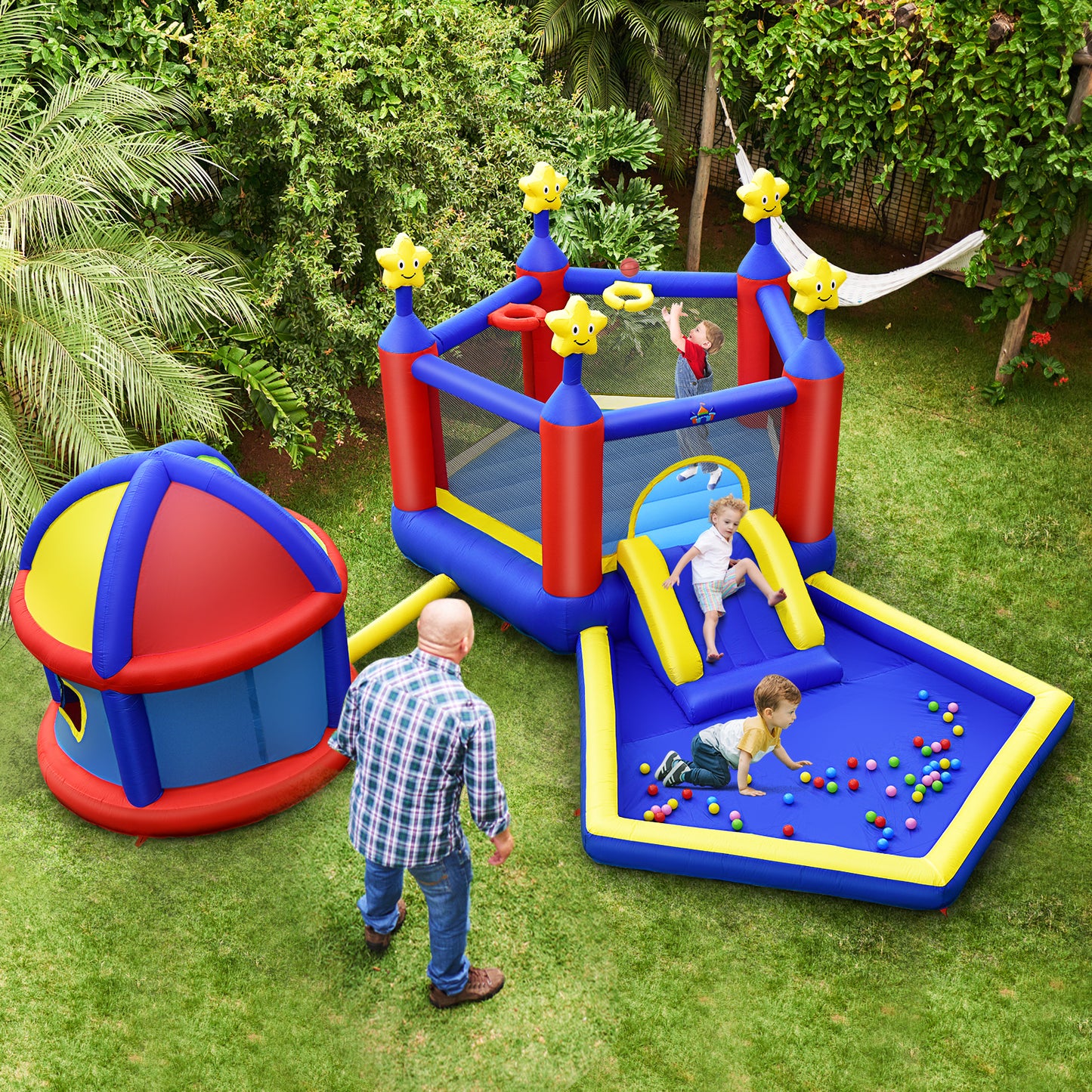 Topbuy Inflatable Bounce House, Twinkle Star 5-in-1 Kids Inflatable Castle w/ Slide Jumping Area Ball Pit with 735W Blower