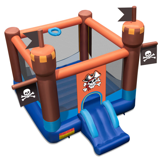 Topbuy Pirate Theme Bounce Castle Inflatable Kids Jumping House w/ Slide & Basketball Rim Portable Indoor Outdoor Bouncy Castle w/ Carry Bag without Blower