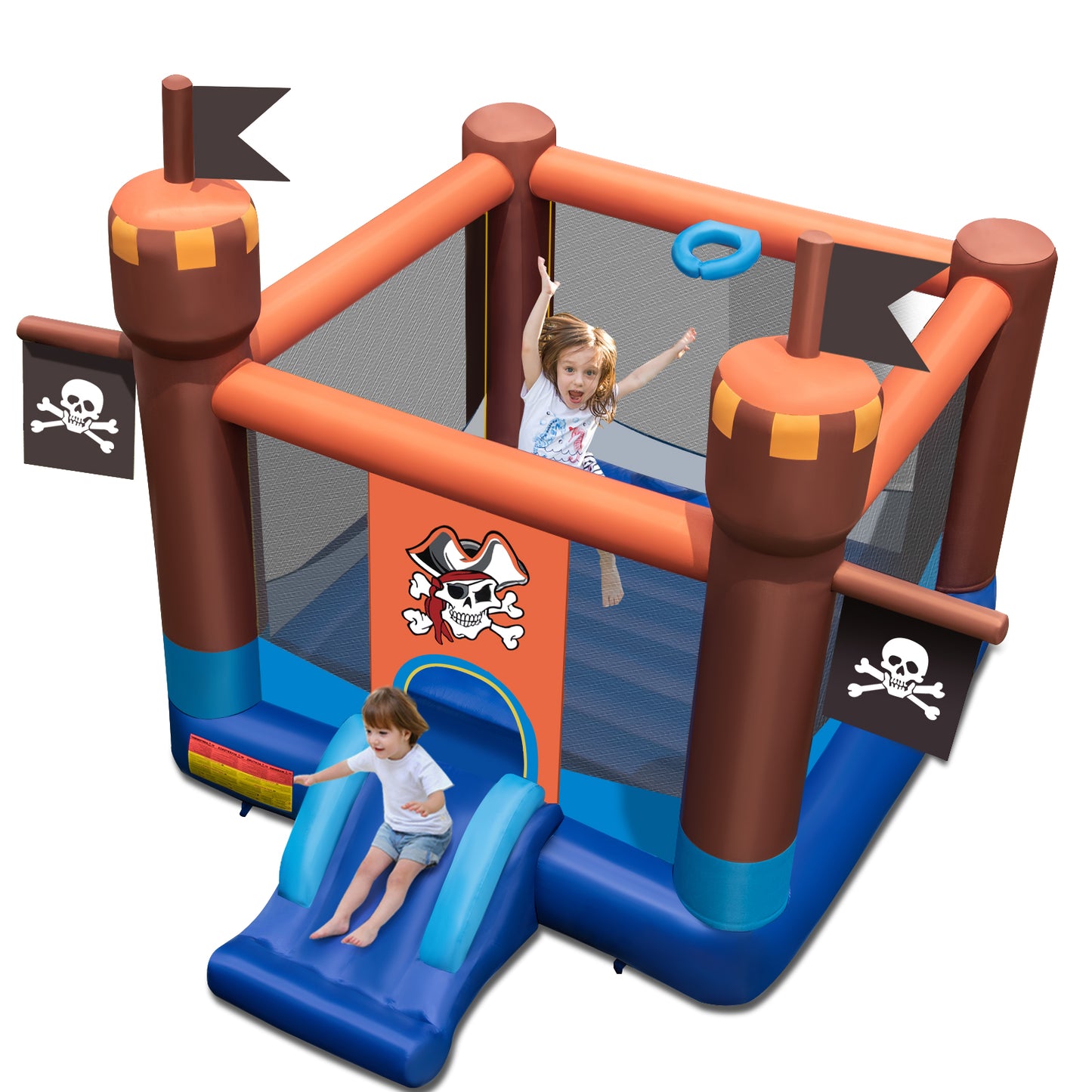 Topbuy Pirate Theme Bounce Castle Inflatable Kids Jumping House w/ Slide & Basketball Rim Portable Indoor Outdoor Bouncy Castle w/ Carry Bag without Blower