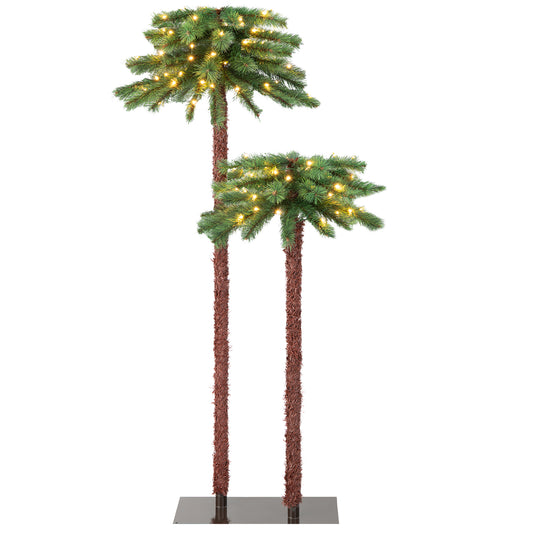Topbuy 5FT + 3.5FT Double Christmas Palm Tree Pre-lit Tropical Style Palm Tree w/100 Warm White LED Lights 84 Branch Tips & Base