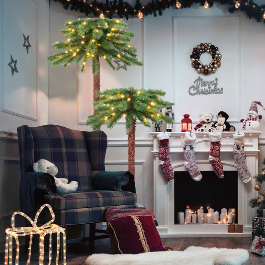 Topbuy 5FT + 3.5FT Double Christmas Palm Tree Pre-lit Tropical Style Palm Tree w/100 Warm White LED Lights 84 Branch Tips & Base