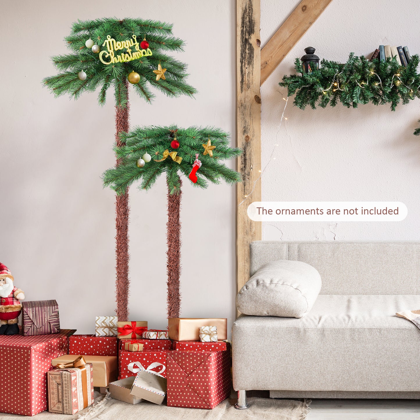 Topbuy 5FT + 3.5FT Double Christmas Palm Tree Pre-lit Tropical Style Palm Tree w/100 Warm White LED Lights 84 Branch Tips & Base