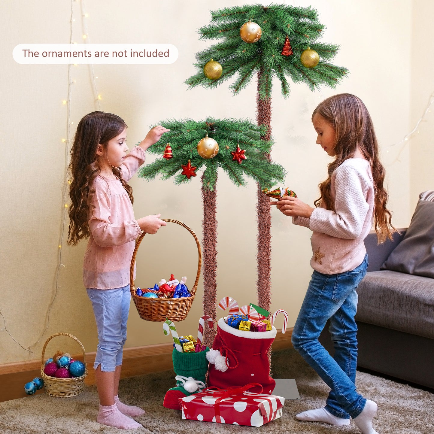 Topbuy 5FT + 3.5FT Double Christmas Palm Tree Pre-lit Tropical Style Palm Tree w/100 Warm White LED Lights 84 Branch Tips & Base