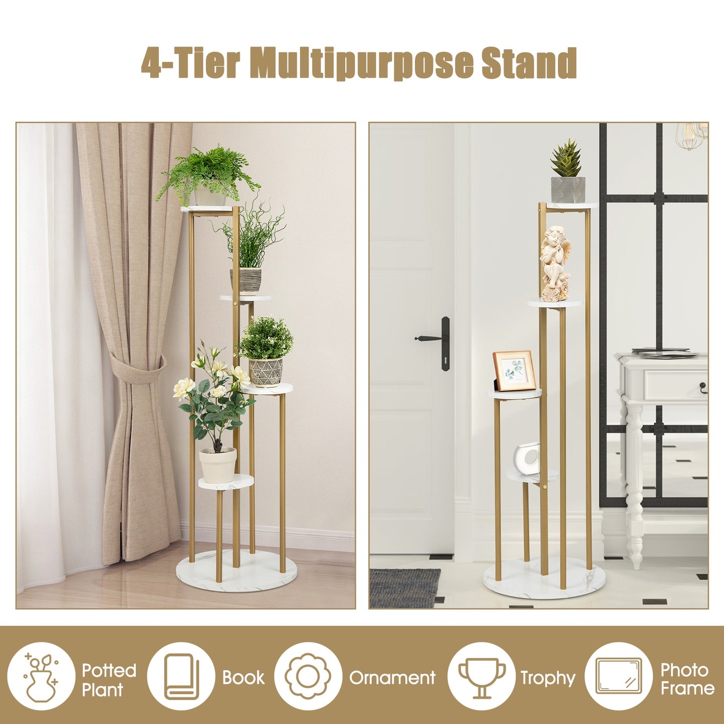Topbuy 4-Tier Metal Plant Stand Indoor 48.5' Tall Plant Shelf for Small Plants Tiered Plant Holder W/ Golden Metal Frame