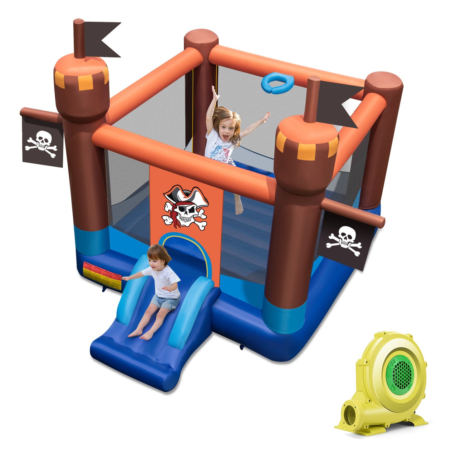 Topbuy Pirate Theme Bounce Castle Inflatable Kids Jumping House w/ Slide & Basketball Rim Portable Indoor Outdoor Bouncy Castle w/ Carry Bag with 680W Blower