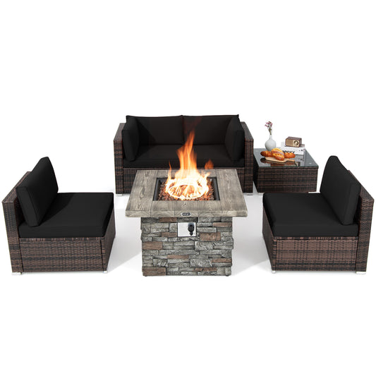 Patiojoy Patio Rattan 6PCS Cushioned Sofa Set Furniture Set Thick Cushion with 34.5'' Fire Pit Table for Garden Black/Blue/Red/Turquoise/Off White