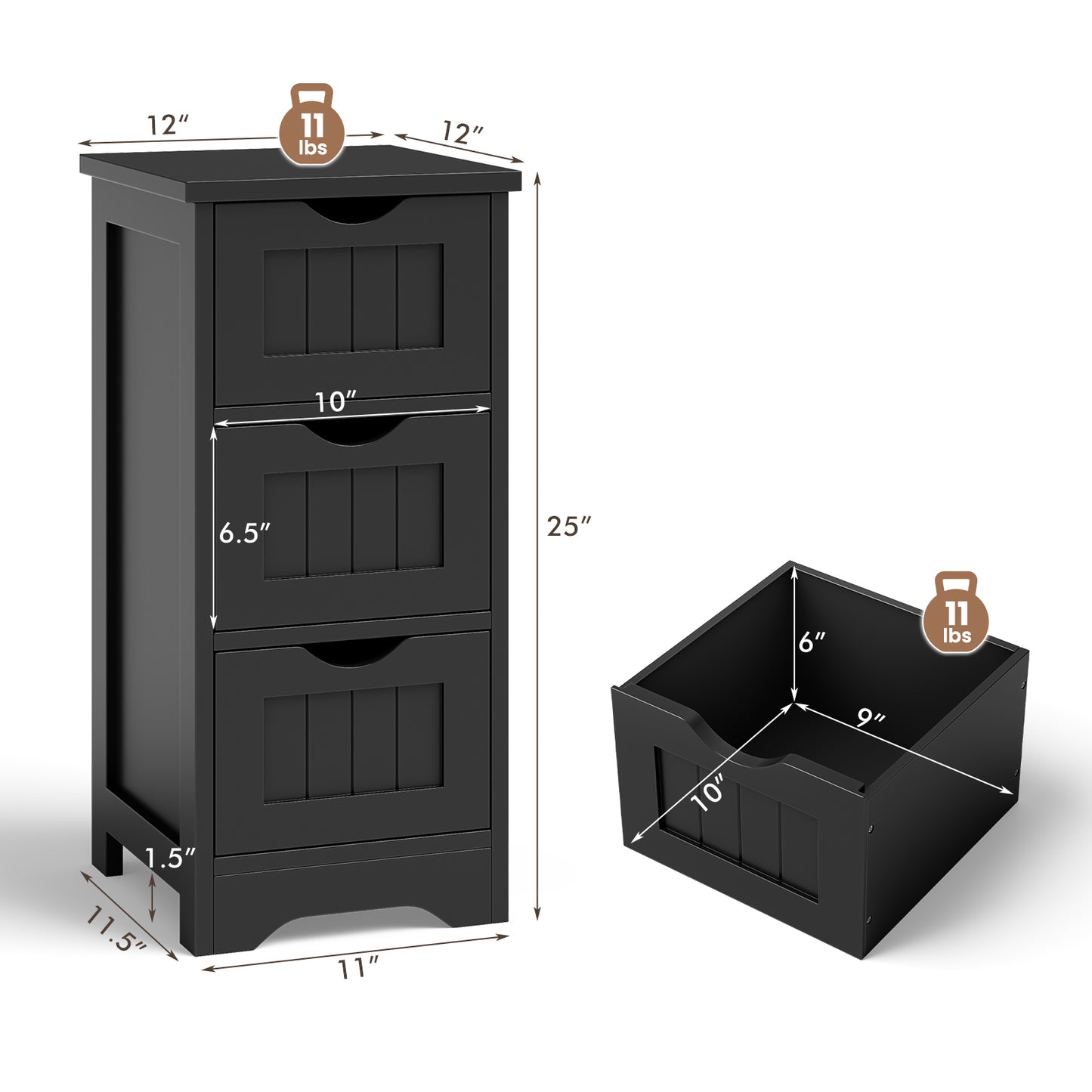 Topbuy 3-Drawer Bathroom Floor Cabinet Freestanding Side Storage Organizer w/Cut-Out Handle Black/Coffee