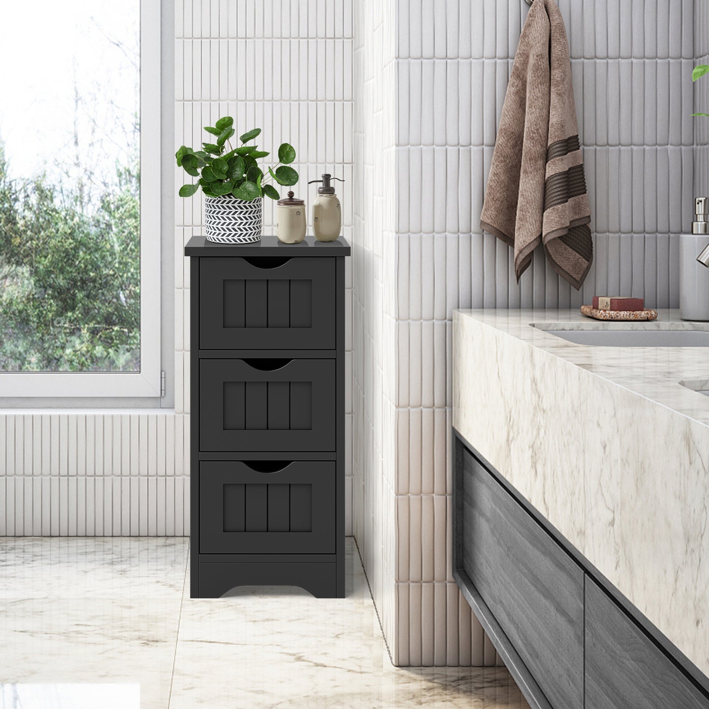 Topbuy 3-Drawer Bathroom Floor Cabinet Freestanding Side Storage Organizer w/Cut-Out Handle Black/Coffee