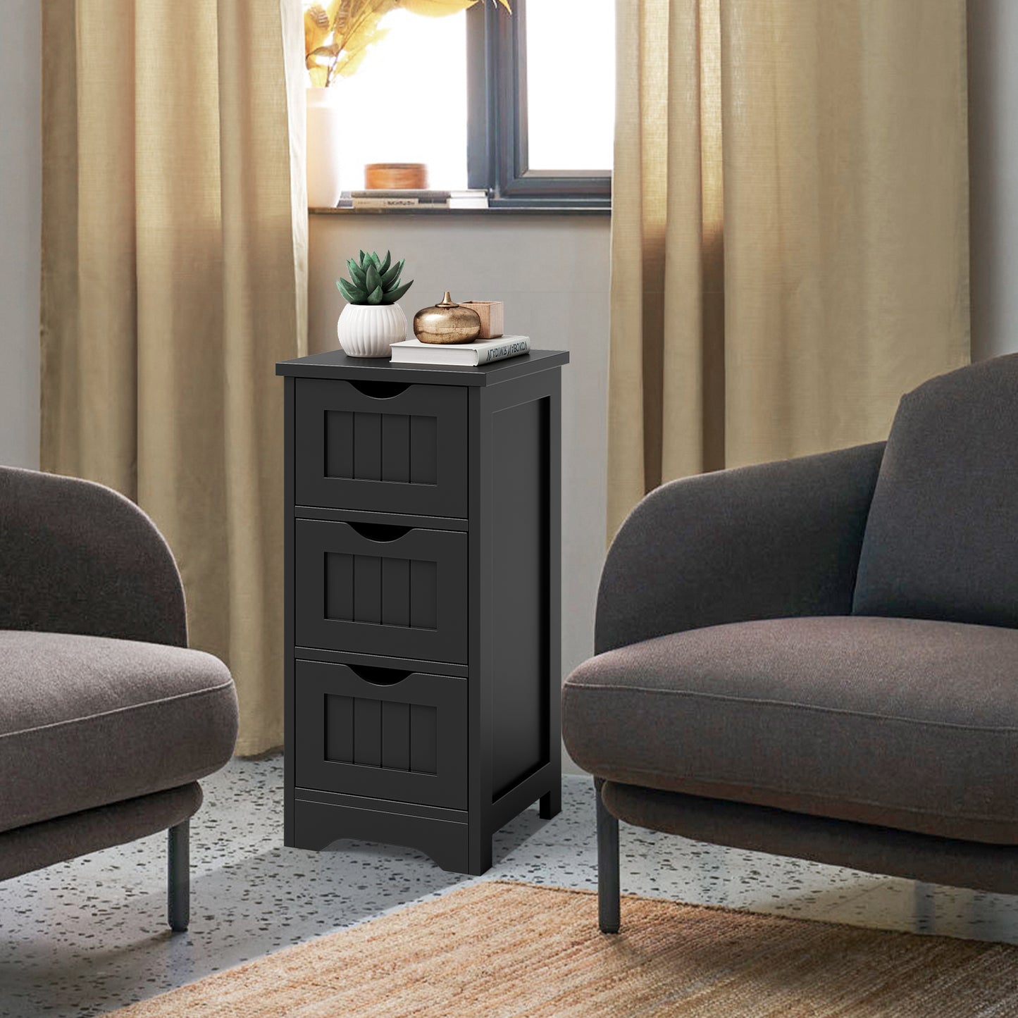 Topbuy 3-Drawer Bathroom Floor Cabinet Freestanding Side Storage Organizer w/Cut-Out Handle Black/Coffee