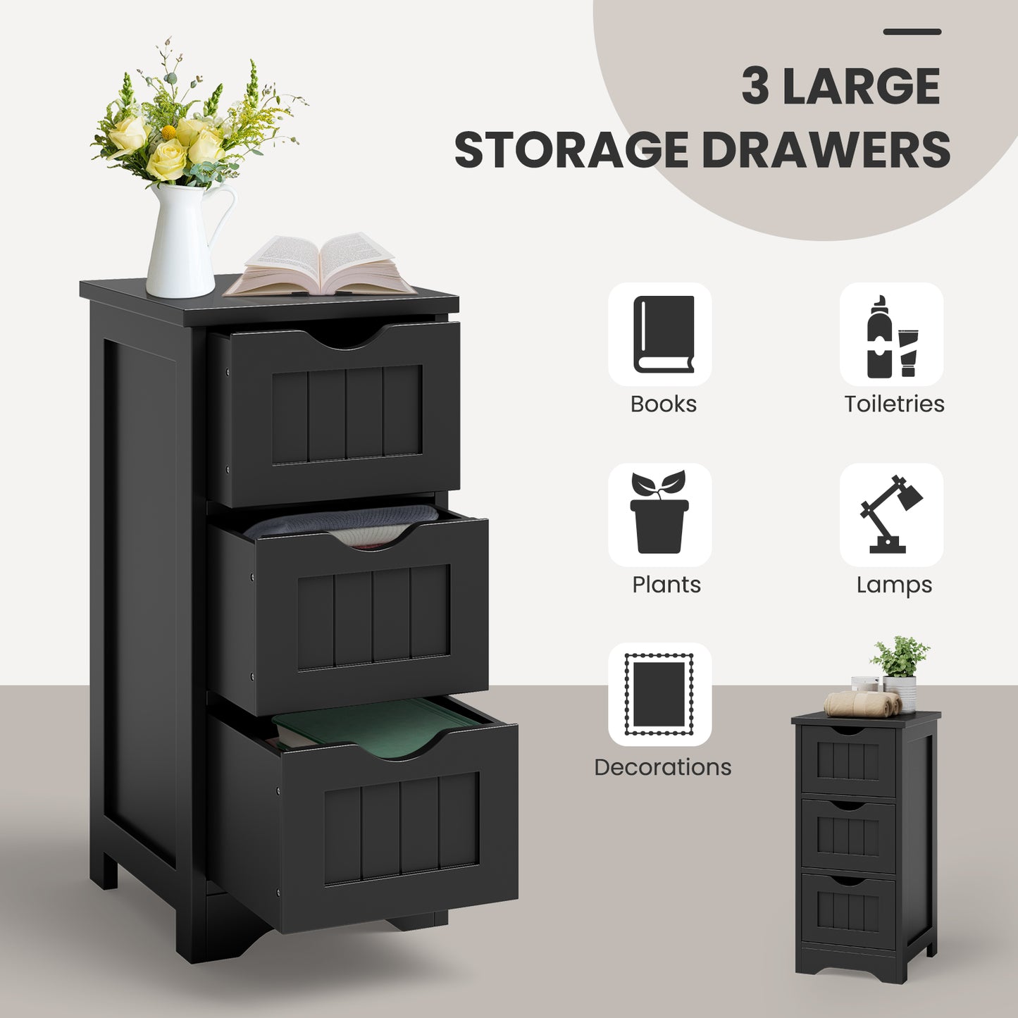 Topbuy 3-Drawer Bathroom Floor Cabinet Freestanding Side Storage Organizer w/Cut-Out Handle Black/Coffee