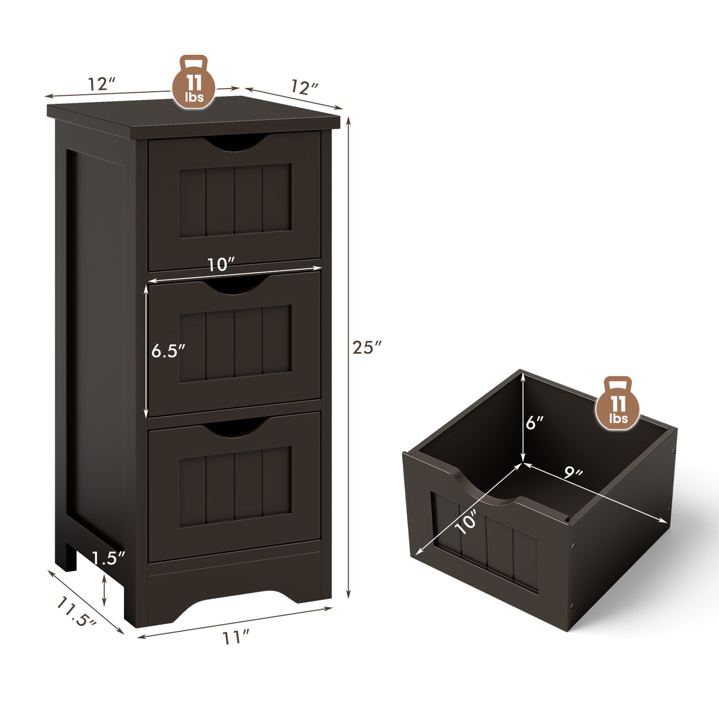Topbuy 3-Drawer Bathroom Floor Cabinet Freestanding Side Storage Organizer w/Cut-Out Handle Black/Coffee