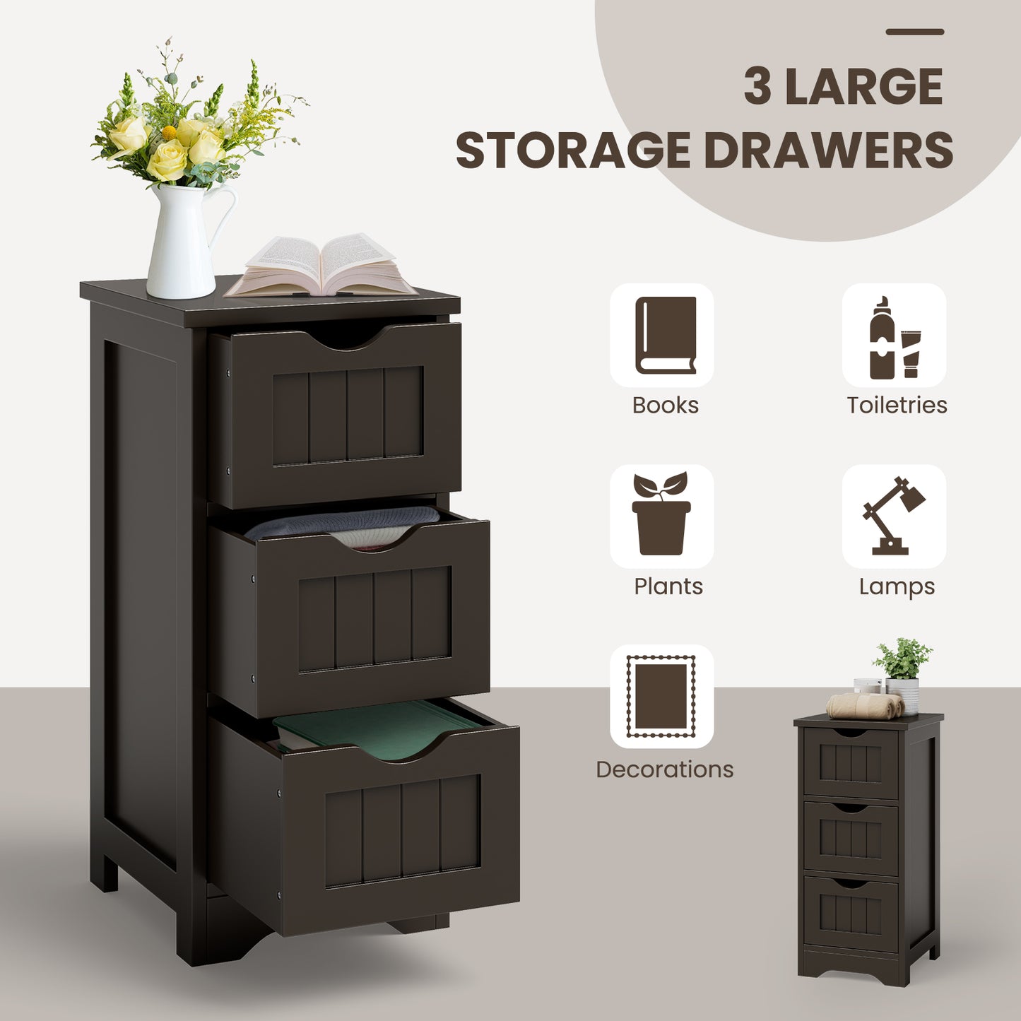 Topbuy 3-Drawer Bathroom Floor Cabinet Freestanding Side Storage Organizer w/Cut-Out Handle Black/Coffee