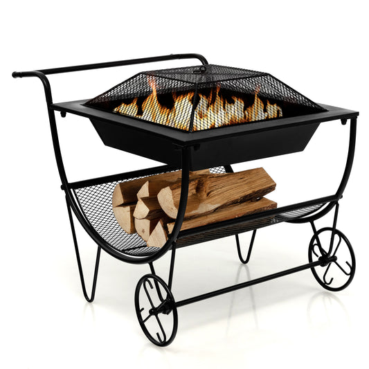 Topbuy 21.5'' Fire Pit & Firewood Log Rack Outdoor Square Firepit & Firewood Holder with Spark Screen Rolling Wheels