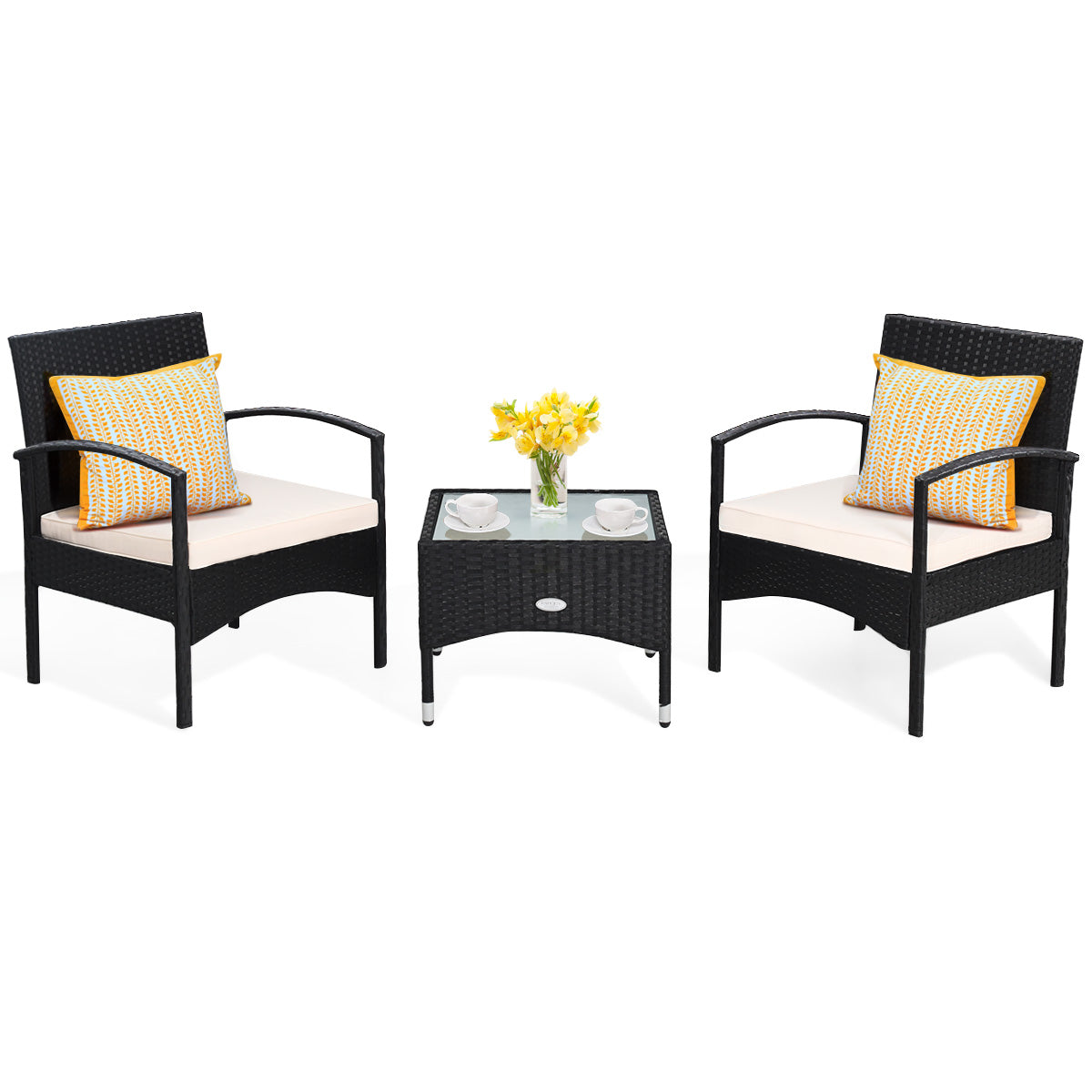 Patiojoy 3 PCS Patio Rattan Cushioned Chair Side Table Set Bistro Set Classic Furniture Single Sofa Thick Cushion for Garden