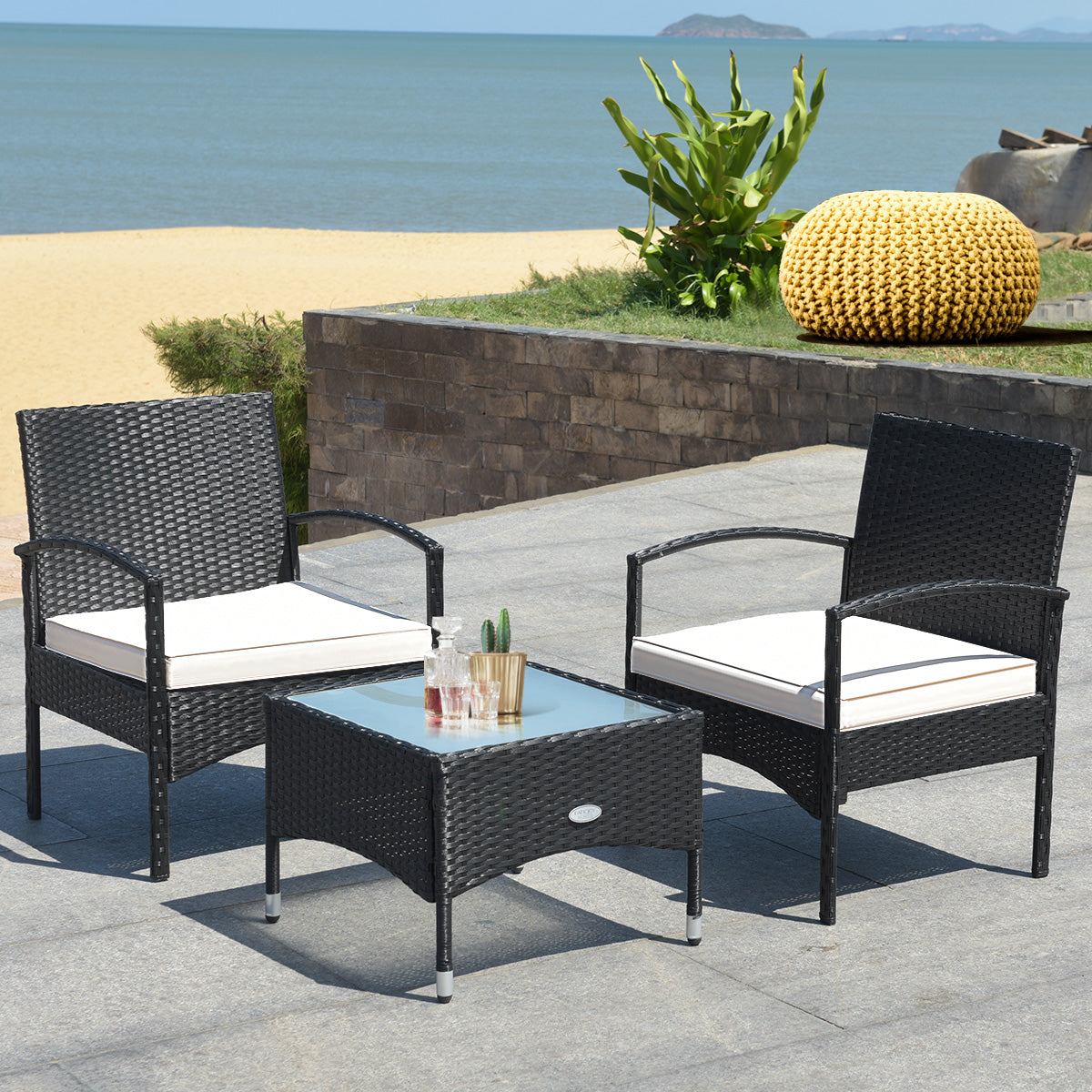 Patiojoy 3 PCS Patio Rattan Cushioned Chair Side Table Set Bistro Set Classic Furniture Single Sofa Thick Cushion for Garden