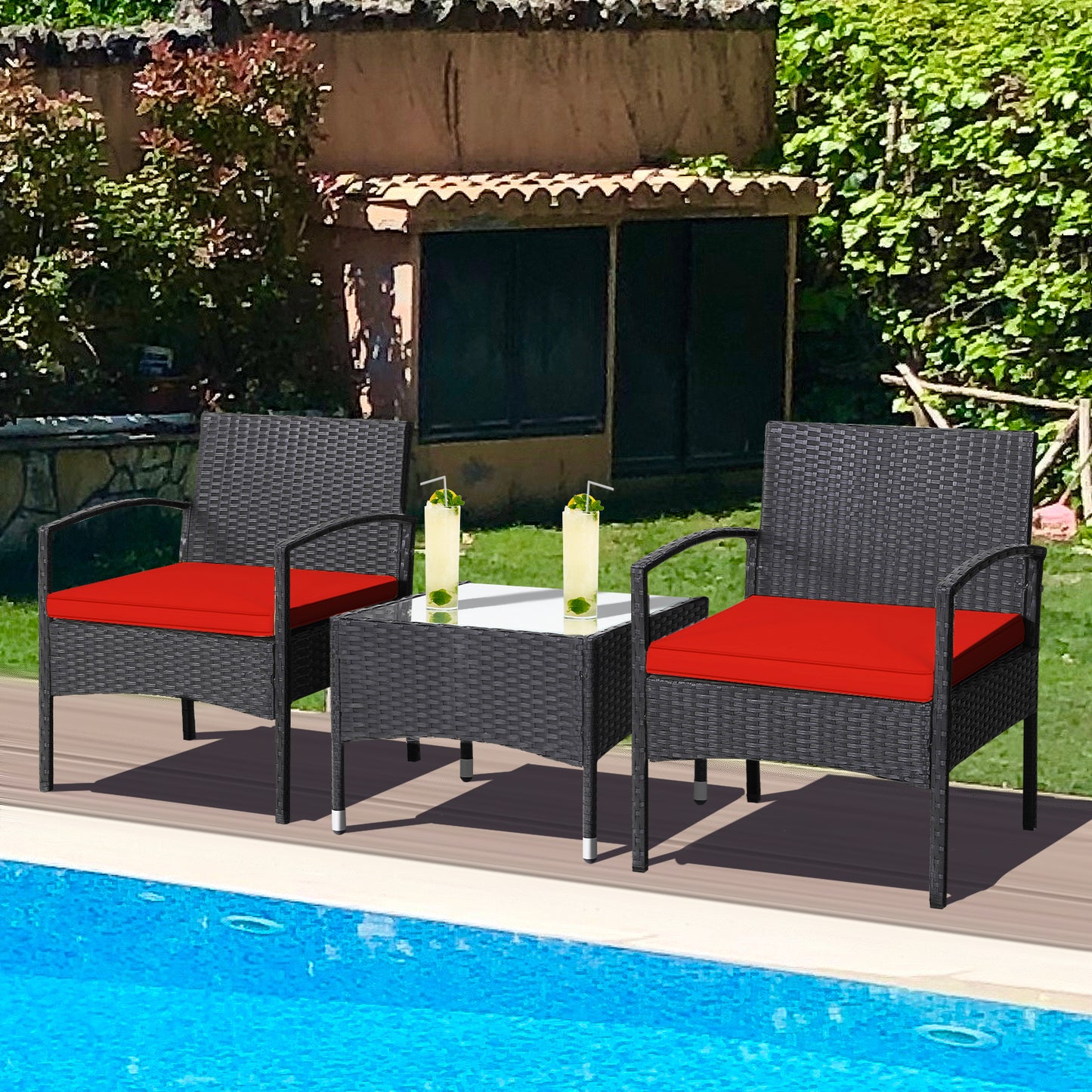 Patiojoy 3 PCS Patio Rattan Cushioned Chair Side Table Set Bistro Set Classic Furniture Single Sofa Thick Cushion for Garden