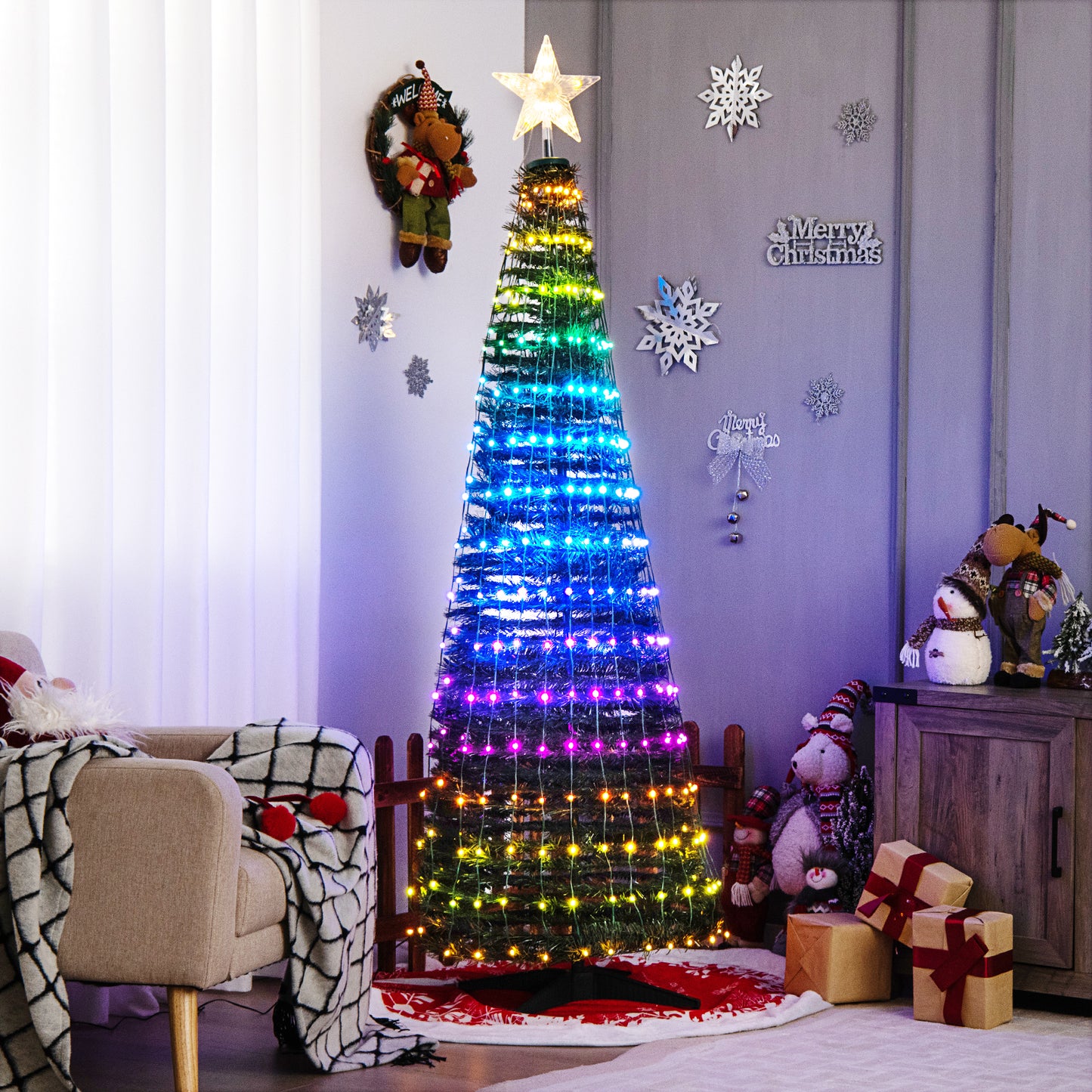 Topbuy 6FT Pop-up Pre-lit Christmas Tree Collapsible Artificial Xmas Tree Metal Base Indoor & Outdoor Lighted Christmas Decor