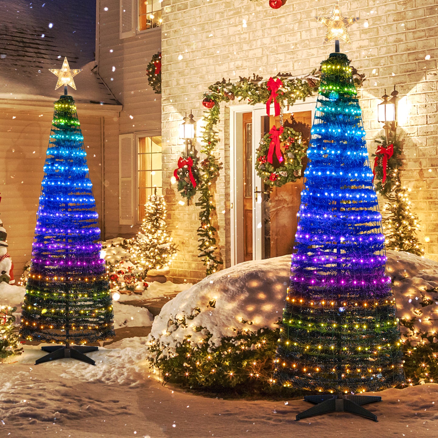 Topbuy 6FT Pop-up Pre-lit Christmas Tree Collapsible Artificial Xmas Tree Metal Base Indoor & Outdoor Lighted Christmas Decor