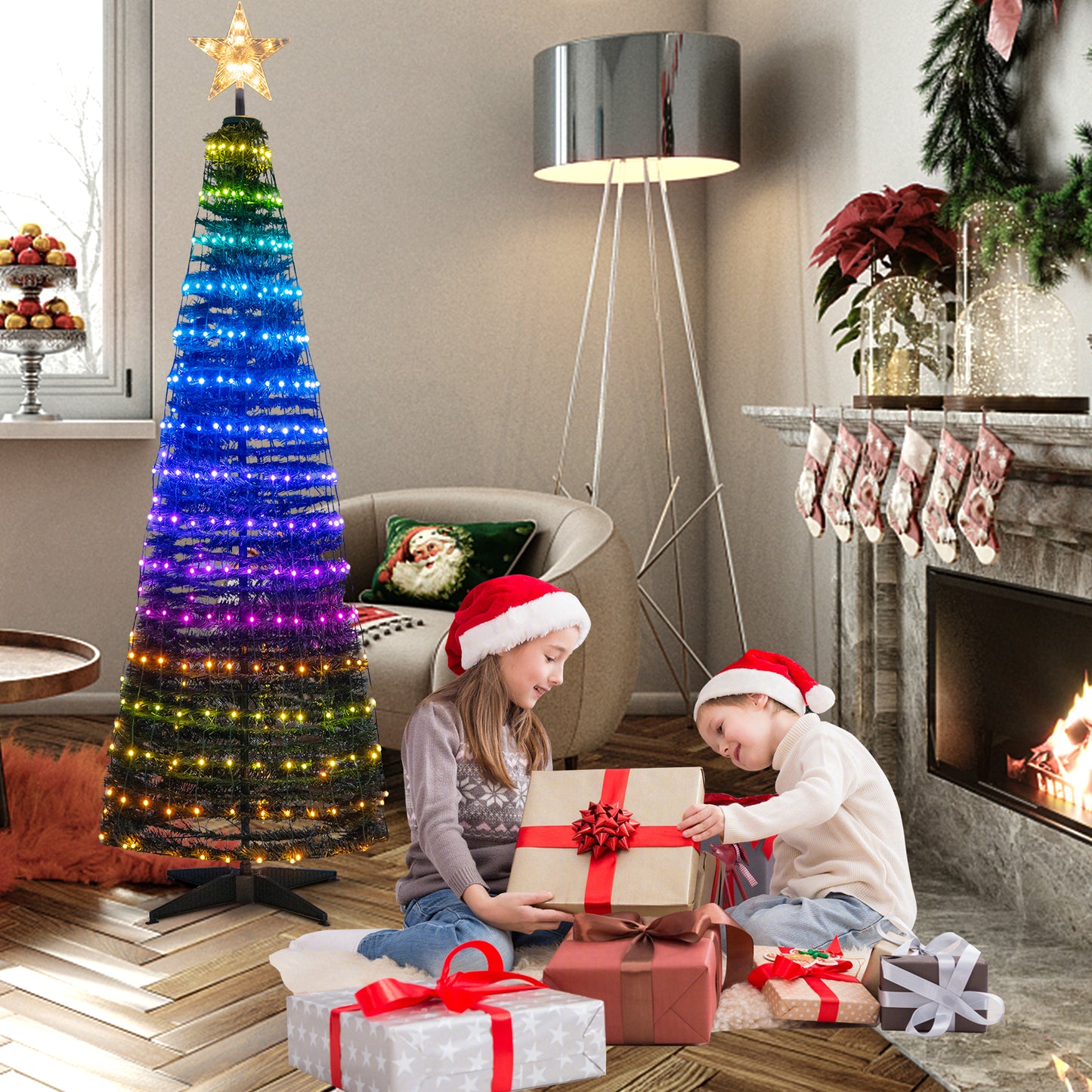 Topbuy 6FT Pop-up Pre-lit Christmas Tree Collapsible Artificial Xmas Tree Metal Base Indoor & Outdoor Lighted Christmas Decor