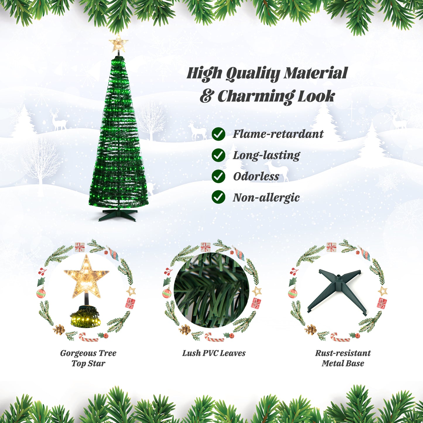 Topbuy 6FT Pop-up Pre-lit Christmas Tree Collapsible Artificial Xmas Tree Metal Base Indoor & Outdoor Lighted Christmas Decor