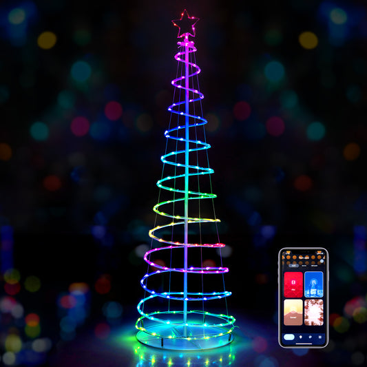 Topbuy 6FT Light Up Spiral Christmas Tree RGB Artificial Tree w/Tree Top Star 135 LED Lights Metal Base Indoor & Outdoor Collapsible Spiral Tree