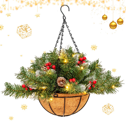 Topbuy Pre-Lit Artificial Christmas Hanging Basket W/ 8 Lighting Modes Pre-Decorated Xmas Holiday Decor W/ Snowy Tips Pine Cones Red Berries