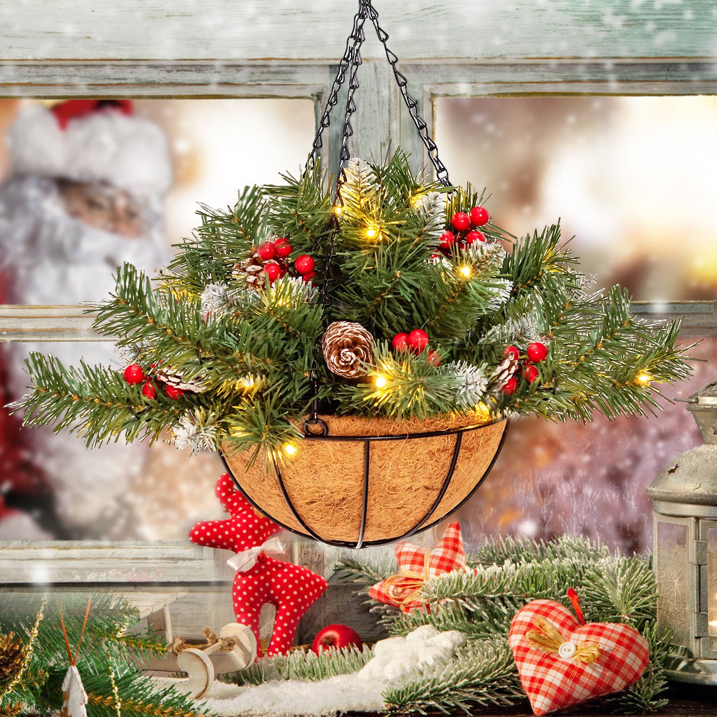 Topbuy Pre-Lit Artificial Christmas Hanging Basket W/ 8 Lighting Modes Pre-Decorated Xmas Holiday Decor W/ Snowy Tips Pine Cones Red Berries