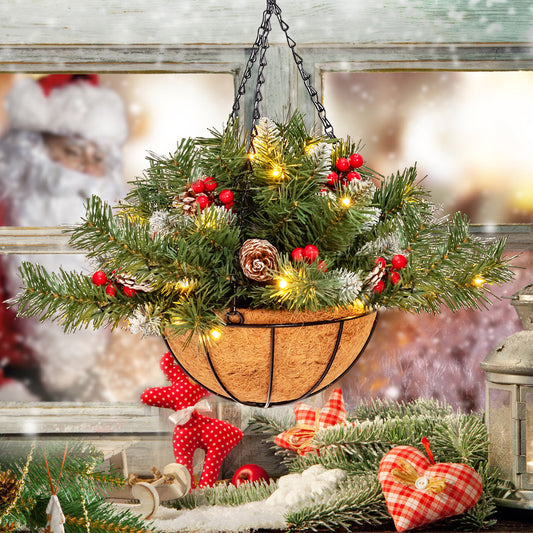 Topbuy Pre-Lit Artificial Christmas Hanging Basket W/ 8 Lighting Modes Pre-Decorated Xmas Holiday Decor W/ Snowy Tips Pine Cones Red Berries