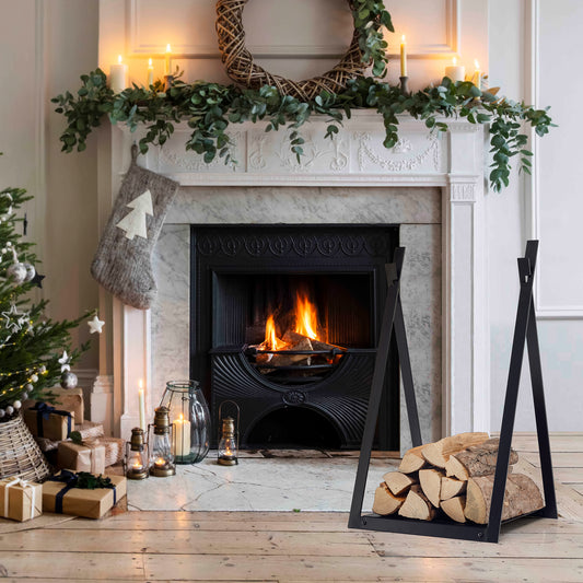 Topbuy 16'' Triangle Fireplace Rack Decorative Log Storage Holder w/ Raised Base Heavy-Duty Steel Frame & Solid Base