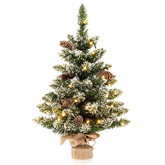 Topbuy 25'' Mini Pre-lit Christmas Tree Tabletop Small Artificial Snow Flocked Christmas Tree w/50 LED Lights 8 Light Modes