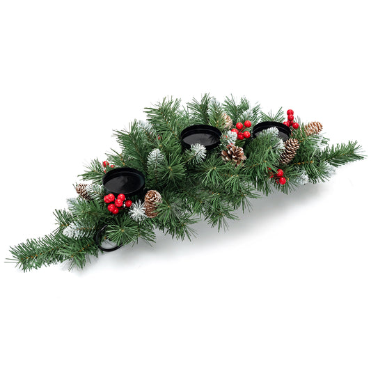 Topbuy Christmas Tabletop Centerpiece Holiday Candelabrum w/3 Candle Holders 7 Pine Cones 7 Clusters of Red Berries Snowy Leaves & Metal Base
