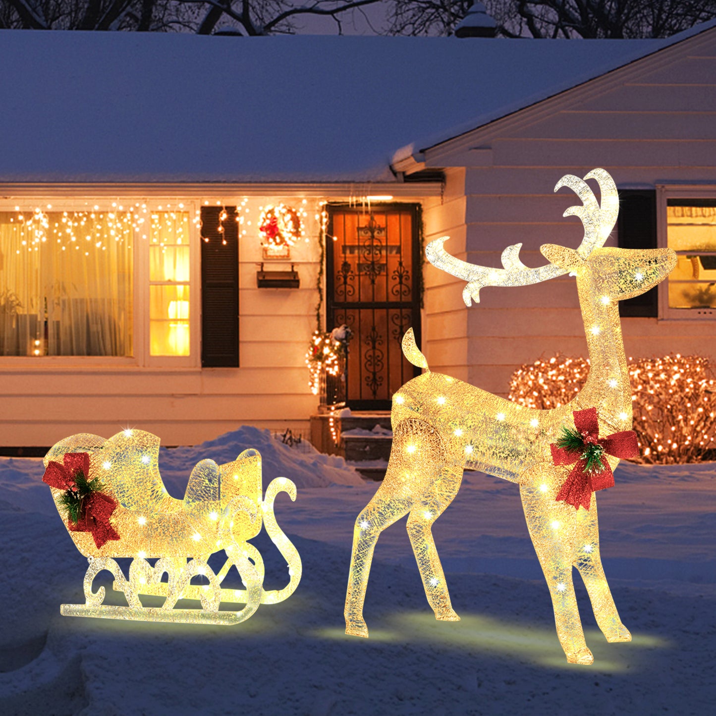 Topbuy Lighted Christmas Reindeer & Sleigh Pre-lit Holiday Outdoor Decoration w/100 Warm Lights 8 Ground Stakes 30 Cable Ties Light-up Santa Sleigh & Reindeer