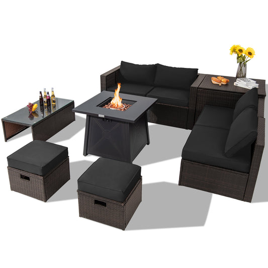 Topbuy 9PCS Outdoor Patio Furniture Set with 30inch Propane Fire Pit Table PE Wicker Space-Saving Sectional Sofa Set w/ Storage Box & Cushions