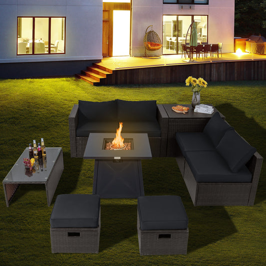 Topbuy 9PCS Outdoor Patio Furniture Set with 30inch Propane Fire Pit Table PE Wicker Space-Saving Sectional Sofa Set w/ Storage Box & Cushions