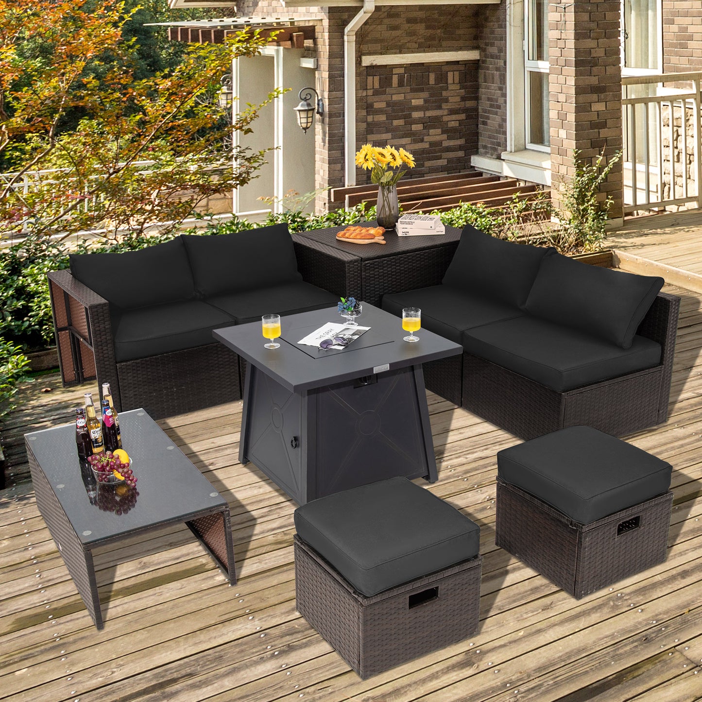 Topbuy 9PCS Outdoor Patio Furniture Set with 30inch Propane Fire Pit Table PE Wicker Space-Saving Sectional Sofa Set w/ Storage Box & Cushions