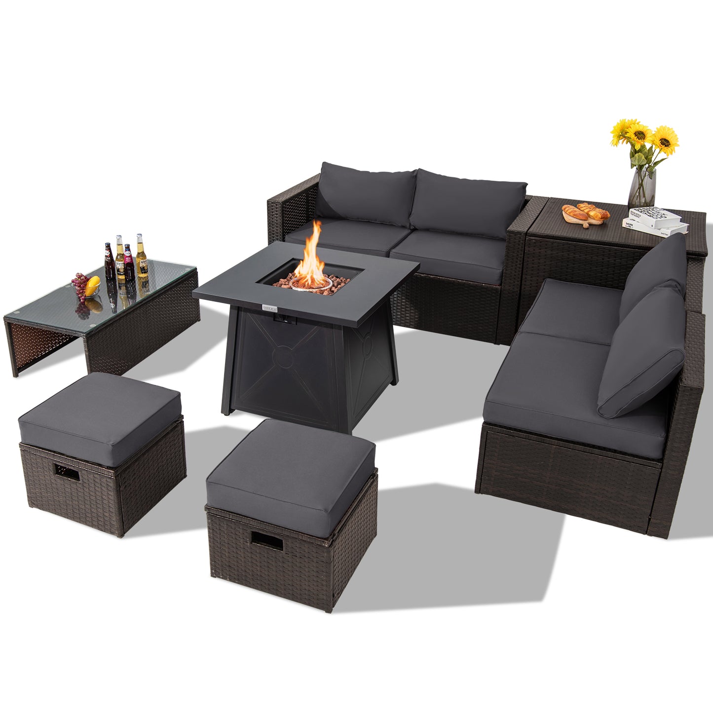 Topbuy 9PCS Outdoor Patio Furniture Set with 30inch Propane Fire Pit Table PE Wicker Space-Saving Sectional Sofa Set w/ Storage Box & Cushions
