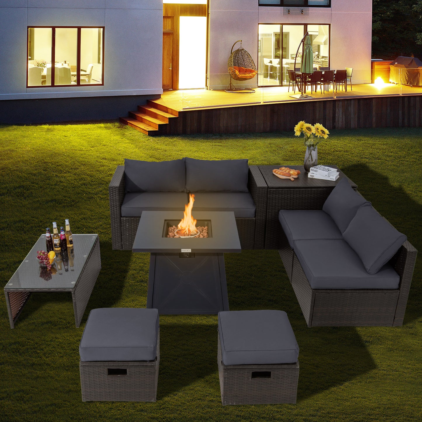 Topbuy 9PCS Outdoor Patio Furniture Set with 30inch Propane Fire Pit Table PE Wicker Space-Saving Sectional Sofa Set w/ Storage Box & Cushions