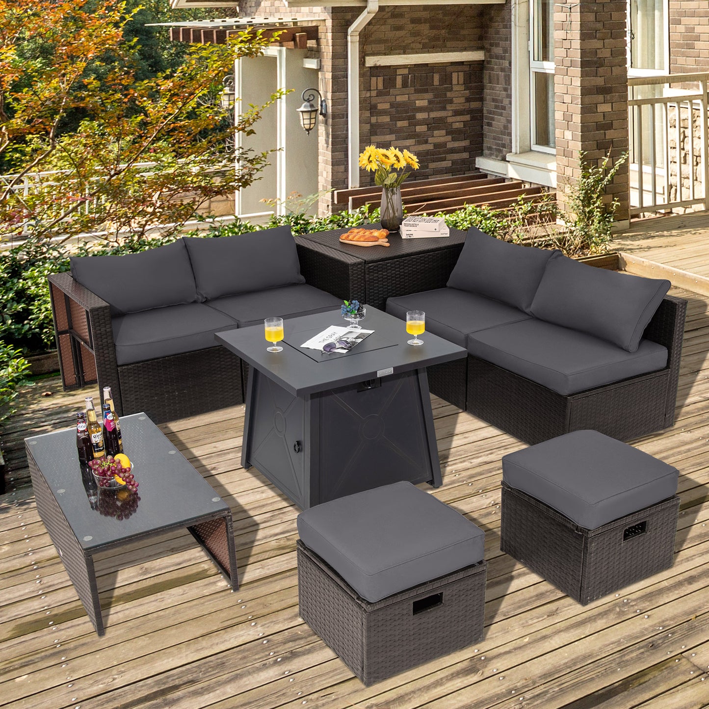 Topbuy 9PCS Outdoor Patio Furniture Set with 30inch Propane Fire Pit Table PE Wicker Space-Saving Sectional Sofa Set w/ Storage Box & Cushions