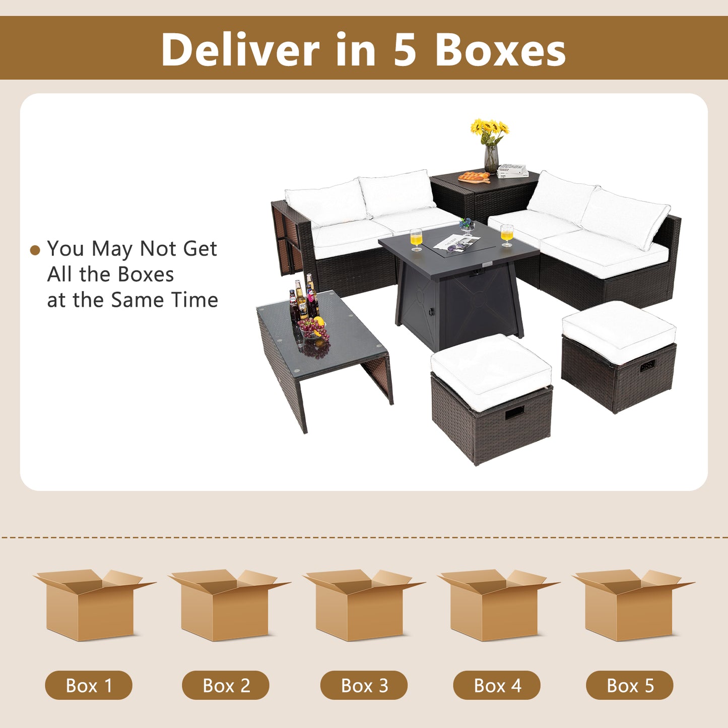 Topbuy 9PCS Outdoor Patio Furniture Set with 30inch Propane Fire Pit Table PE Wicker Space-Saving Sectional Sofa Set w/ Storage Box & Cushions
