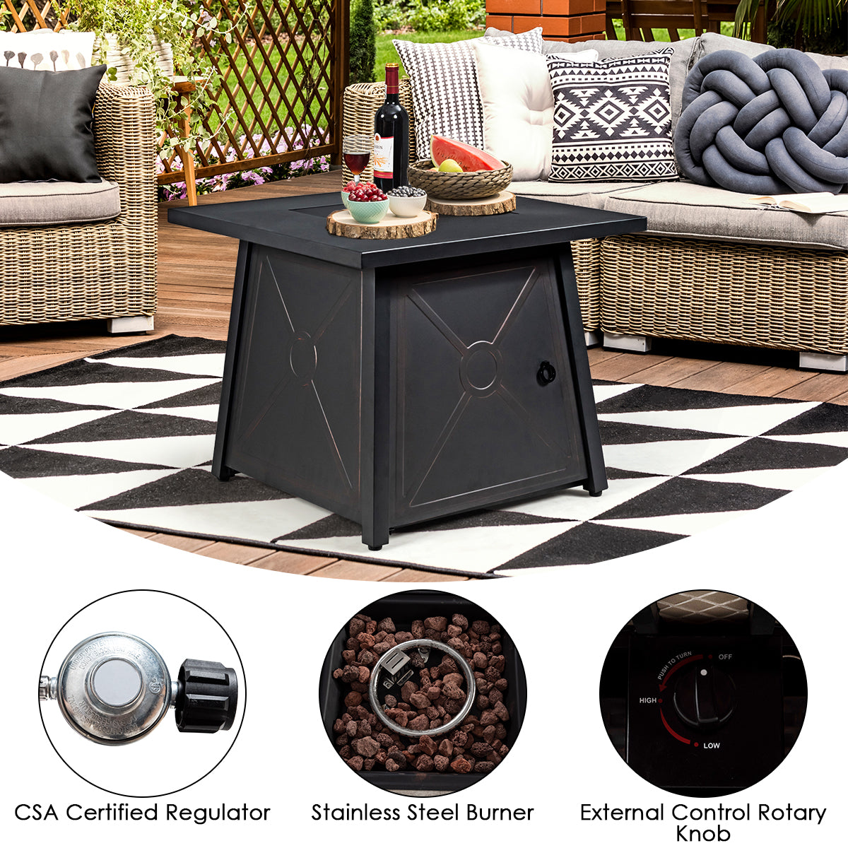 Topbuy 9PCS Outdoor Patio Furniture Set with 30inch Propane Fire Pit Table PE Wicker Space-Saving Sectional Sofa Set w/ Storage Box & Cushions
