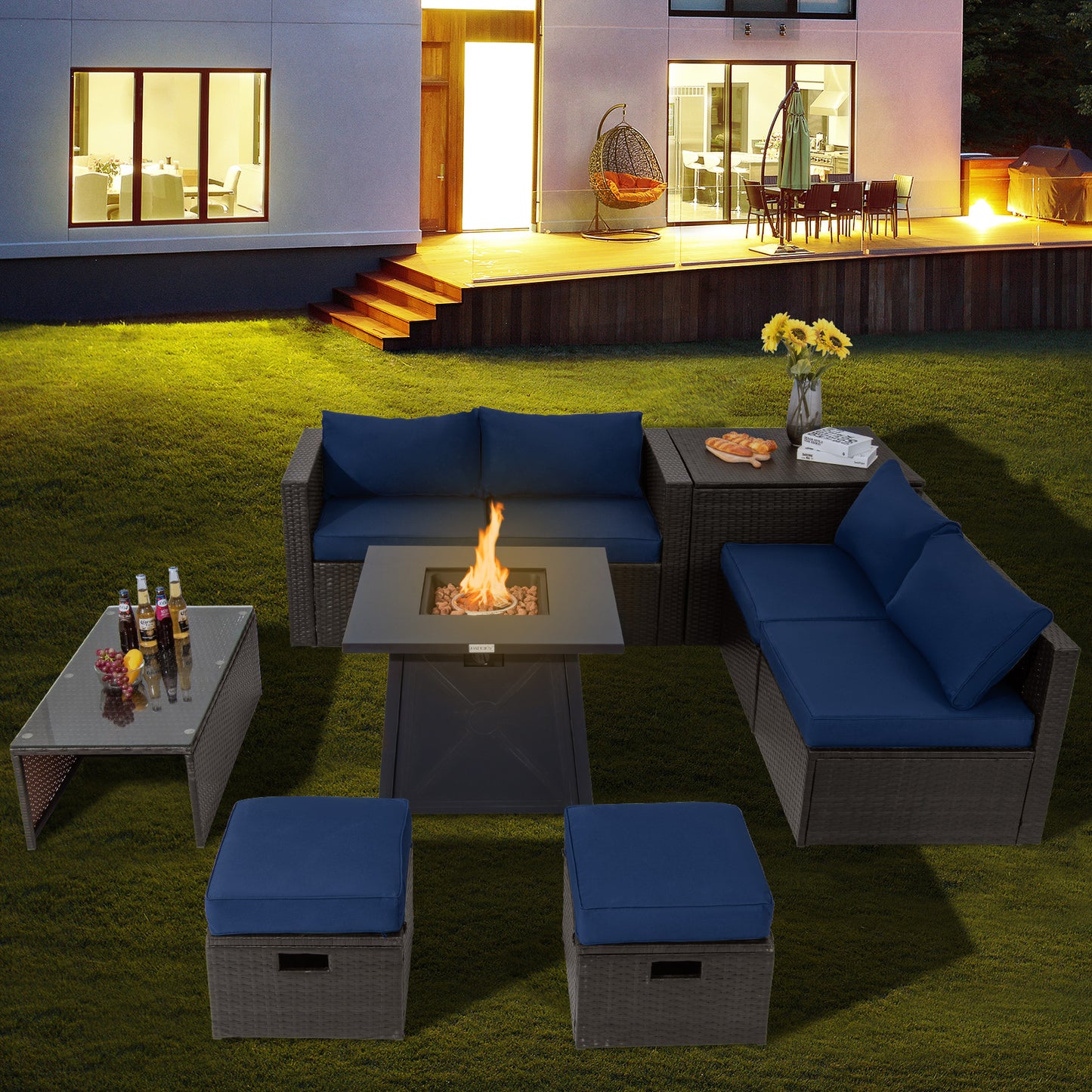 Topbuy 9PCS Outdoor Patio Furniture Set with 30inch Propane Fire Pit Table PE Wicker Space-Saving Sectional Sofa Set w/ Storage Box & Cushions
