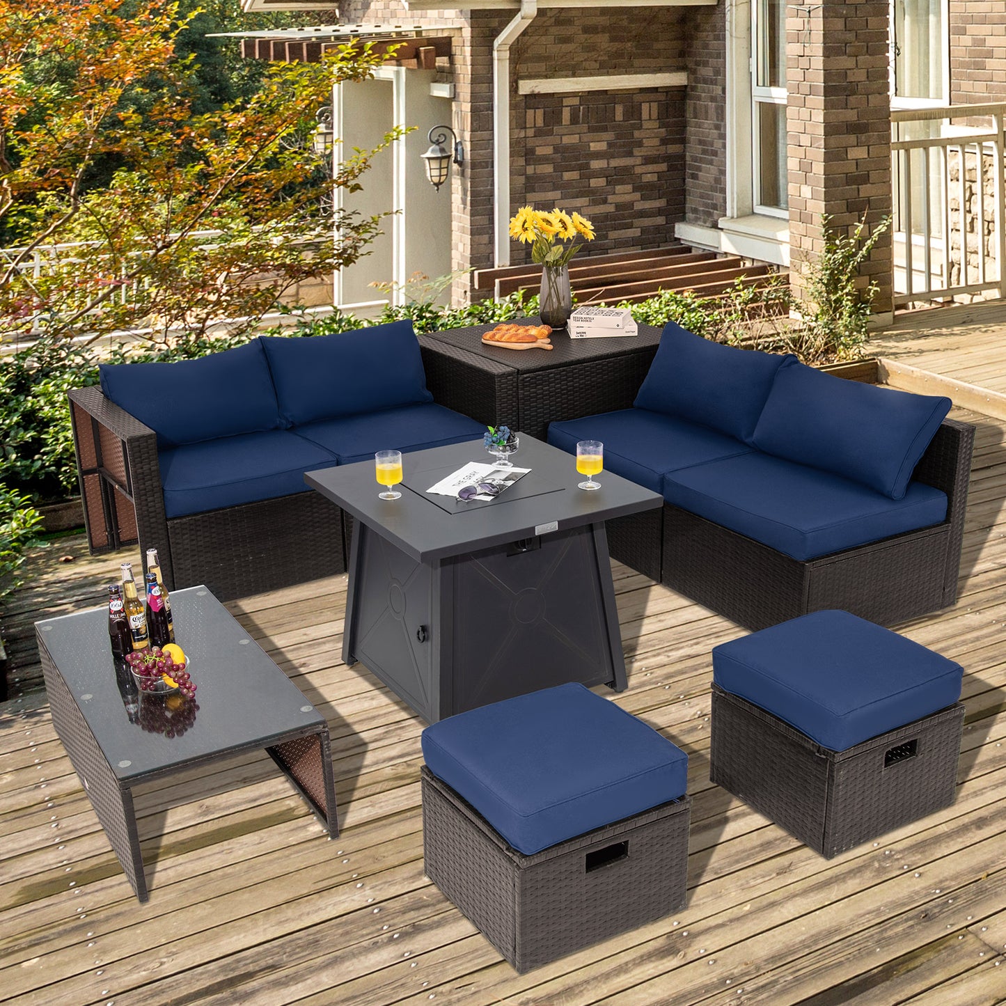 Topbuy 9PCS Outdoor Patio Furniture Set with 30inch Propane Fire Pit Table PE Wicker Space-Saving Sectional Sofa Set w/ Storage Box & Cushions
