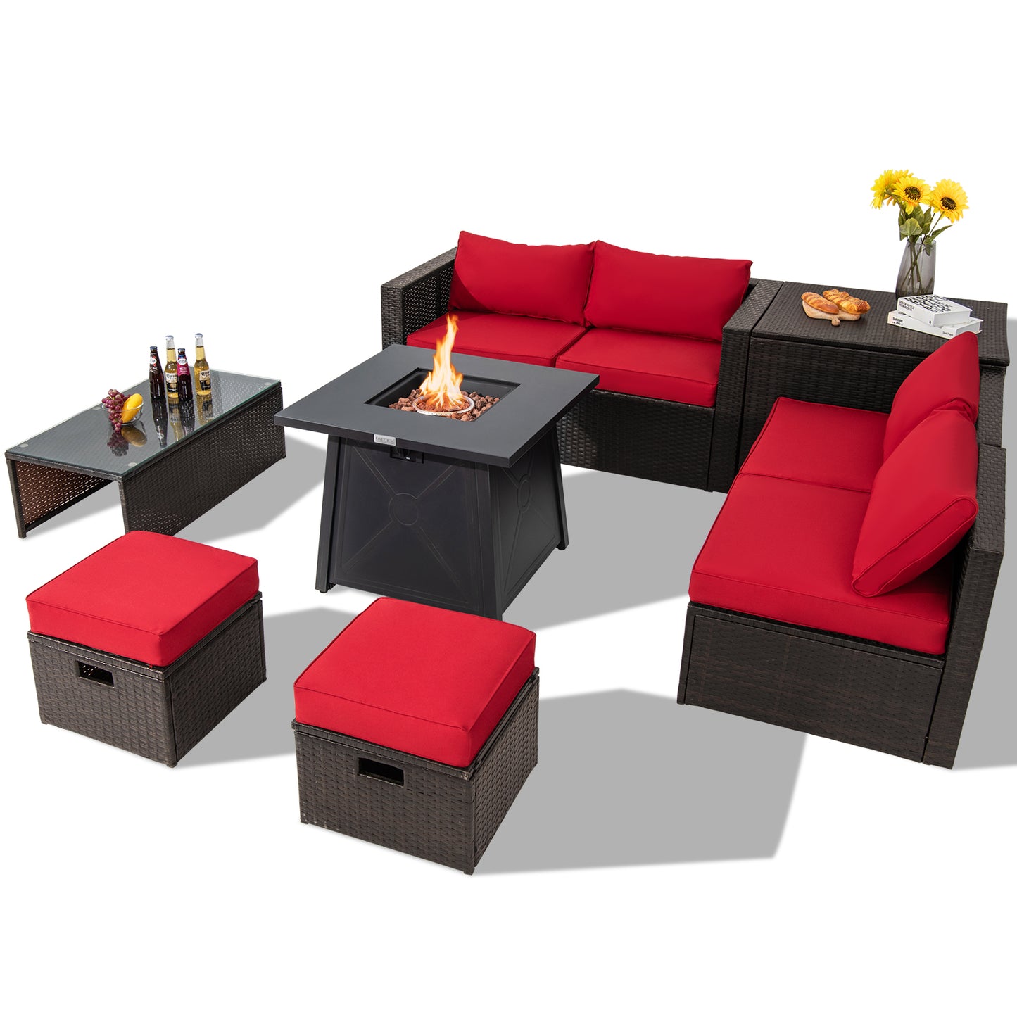 Topbuy 9PCS Outdoor Patio Furniture Set with 30inch Propane Fire Pit Table PE Wicker Space-Saving Sectional Sofa Set w/ Storage Box & Cushions