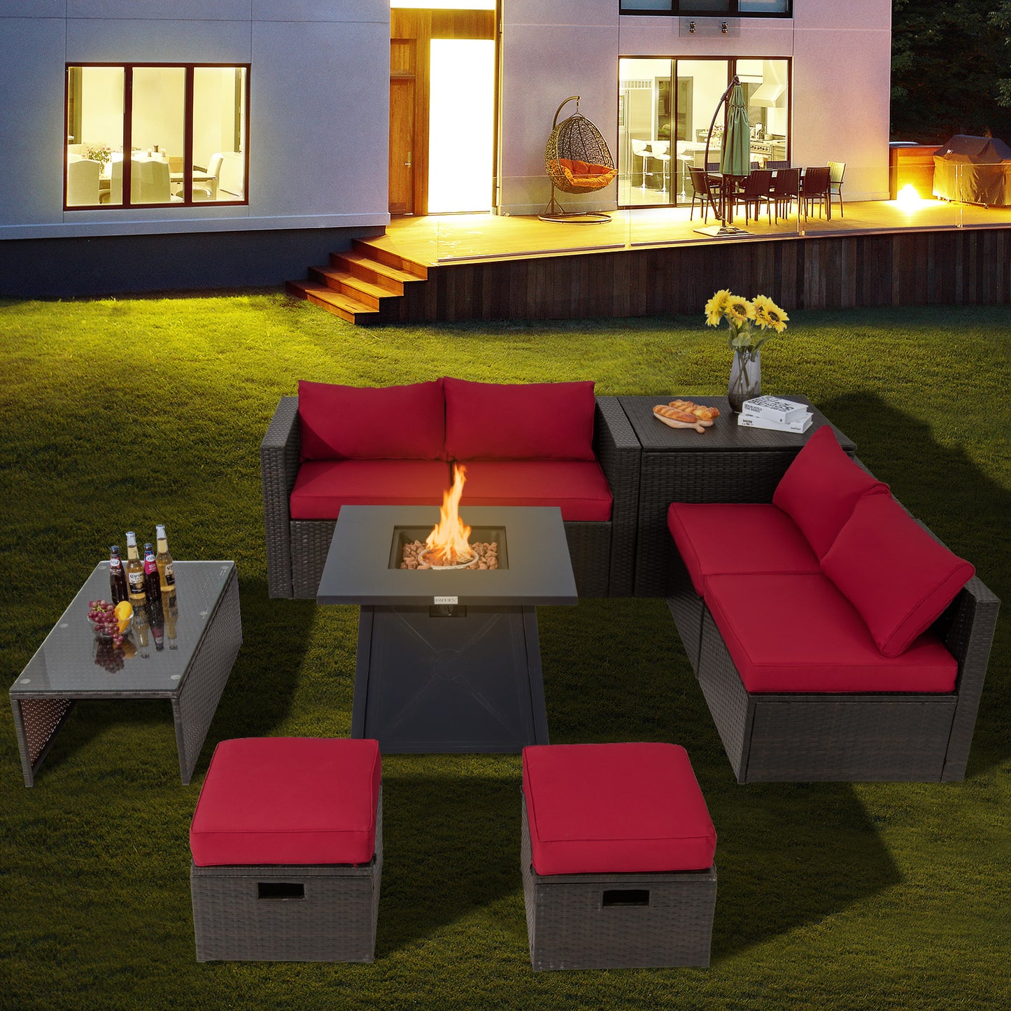 Topbuy 9PCS Outdoor Patio Furniture Set with 30inch Propane Fire Pit Table PE Wicker Space-Saving Sectional Sofa Set w/ Storage Box & Cushions