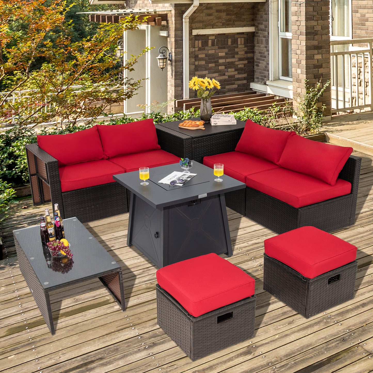 Topbuy 9PCS Outdoor Patio Furniture Set with 30inch Propane Fire Pit Table PE Wicker Space-Saving Sectional Sofa Set w/ Storage Box & Cushions